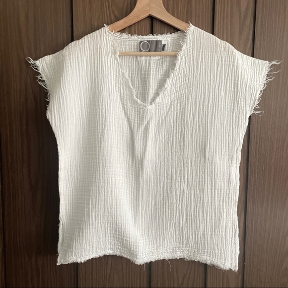 Gauze V-neck Raw Hem Sheer Boxy Tee - Picture 3 of 10